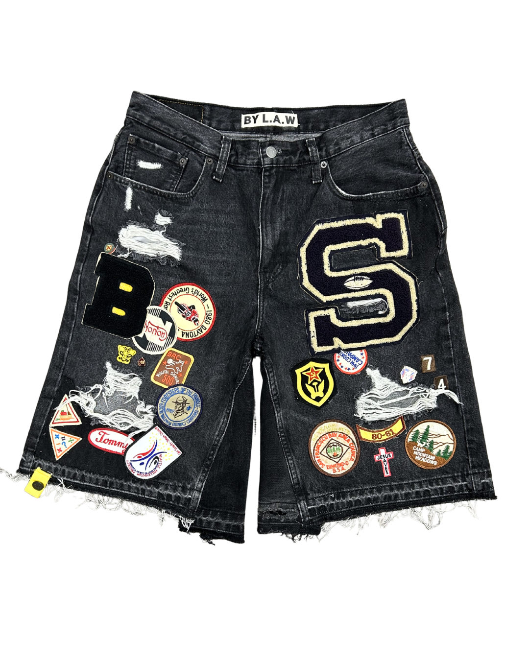 Double Sided Black Wash Patchwork Denim Shorts